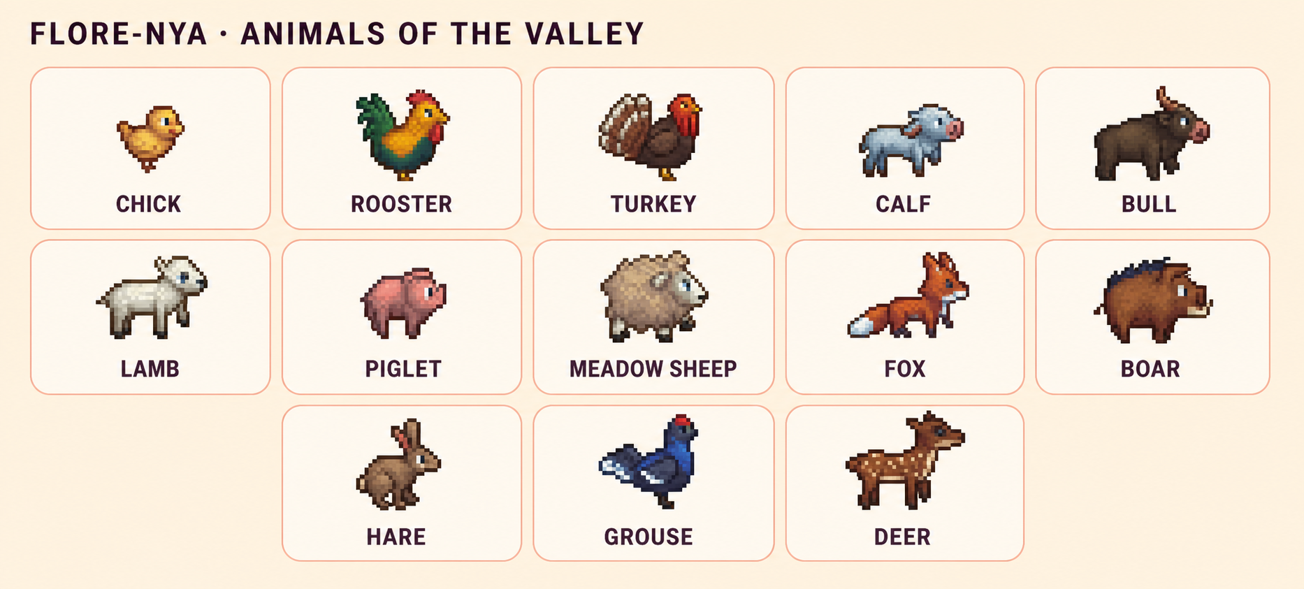 Thirteen farm and wild animals moving through Flore-Nya